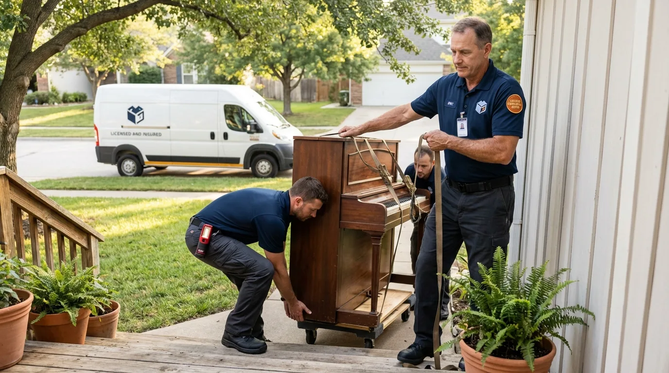 Licensed piano movers securing grand piano in Mentone, TX