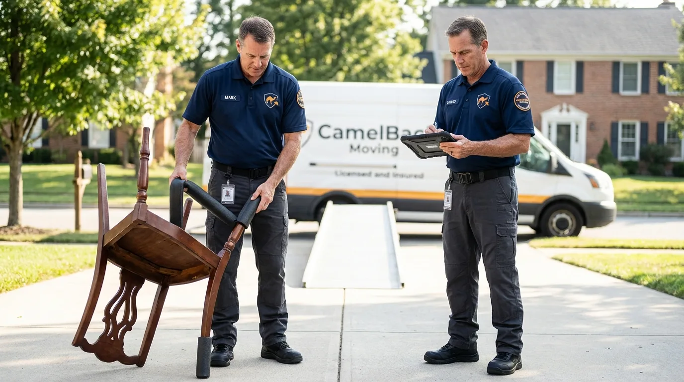 Movers inspecting furniture for damage prevention before loading in Mentone, TX